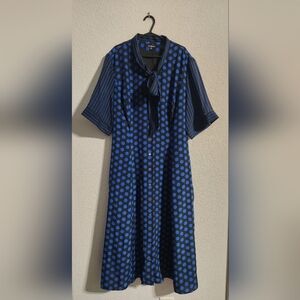 J. Peterman 100% Silk Lined Blue Black Polka Dot Striped Tie-neck Dress size 16